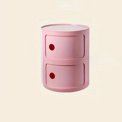 Sängbord med runda plastförvaringslådor