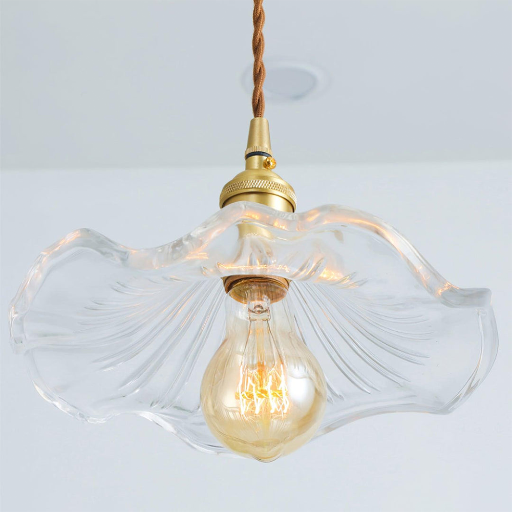 Art Nouveau Fluted Glass Pendant | Flower-Inspired Shade | H4.72in x D9.06-23.62in | Brass &amp; Glass Craftsmanship | Brick by Brick
