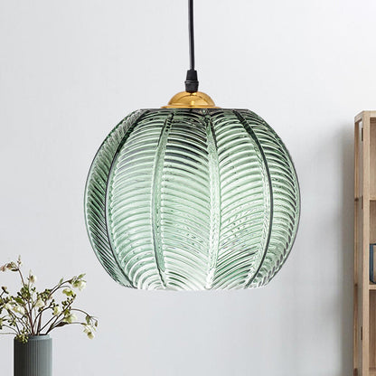 Retro Grön Ribbad Glas Hänglampa