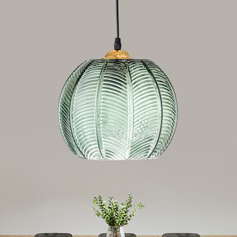 Retro Grön Ribbad Glas Hänglampa