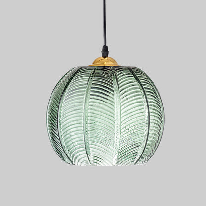 Retro Grön Ribbad Glas Hänglampa