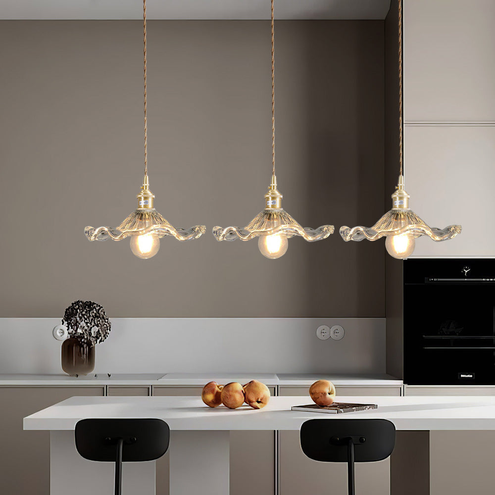 Art Nouveau Fluted Glass Pendant | Flower-Inspired Shade | H4.72in x D9.06-23.62in | Brass &amp; Glass Craftsmanship | Brick by Brick