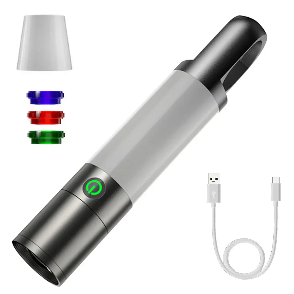 LED-ficklampa med flerfärgade filter – uppladdningsbar USB-C-lampa med camping- och nödbelysningsfunktion