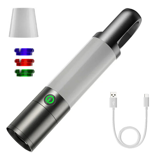 LED-ficklampa med flerfärgade filter – uppladdningsbar USB-C-lampa med camping- och nödbelysningsfunktion