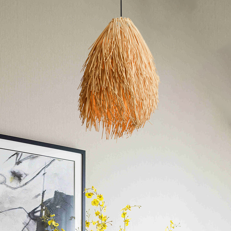 Beige Rattanhänglampa - Asiatiskt Stil 1-Lamps Pendelarmatur för Restaurang