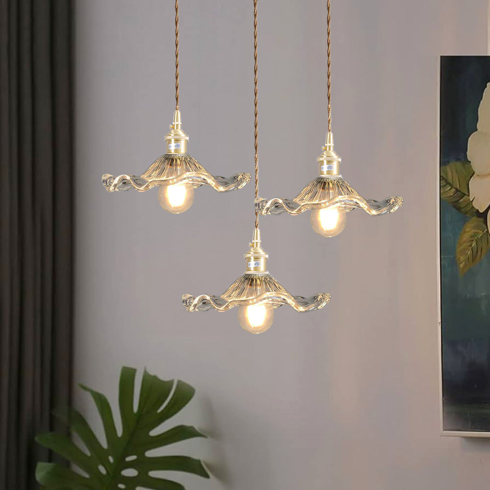 Art Nouveau Fluted Glass Pendant | Flower-Inspired Shade | H4.72in x D9.06-23.62in | Brass &amp; Glass Craftsmanship | Brick by Brick