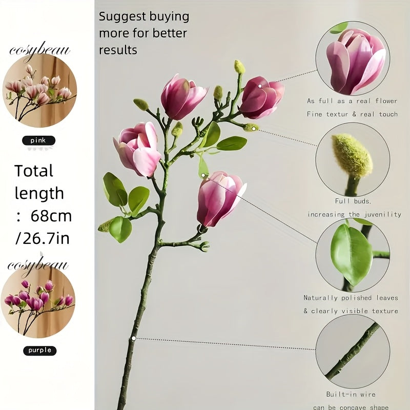 Set med 4 Realistiska Magnolia Blommor – Elegant och Tidlös för Bröllop och Lyxig Dekoration