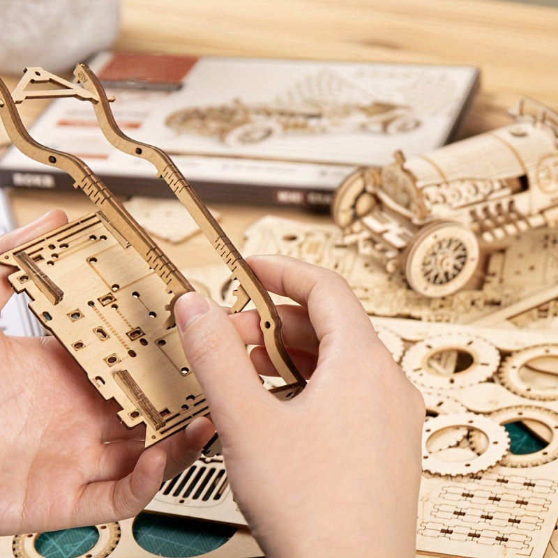 Vintage 3D Träbil Pussel – Mekanisk Modell med Växlar och Detaljerad Design