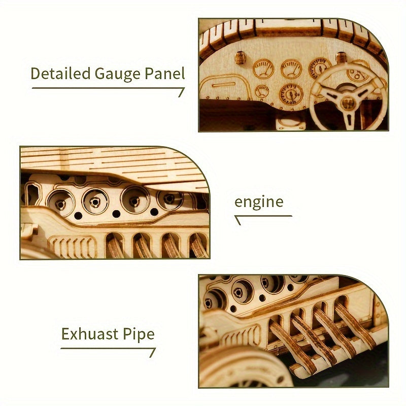 Vintage 3D Träbil Pussel – Mekanisk Modell med Växlar och Detaljerad Design