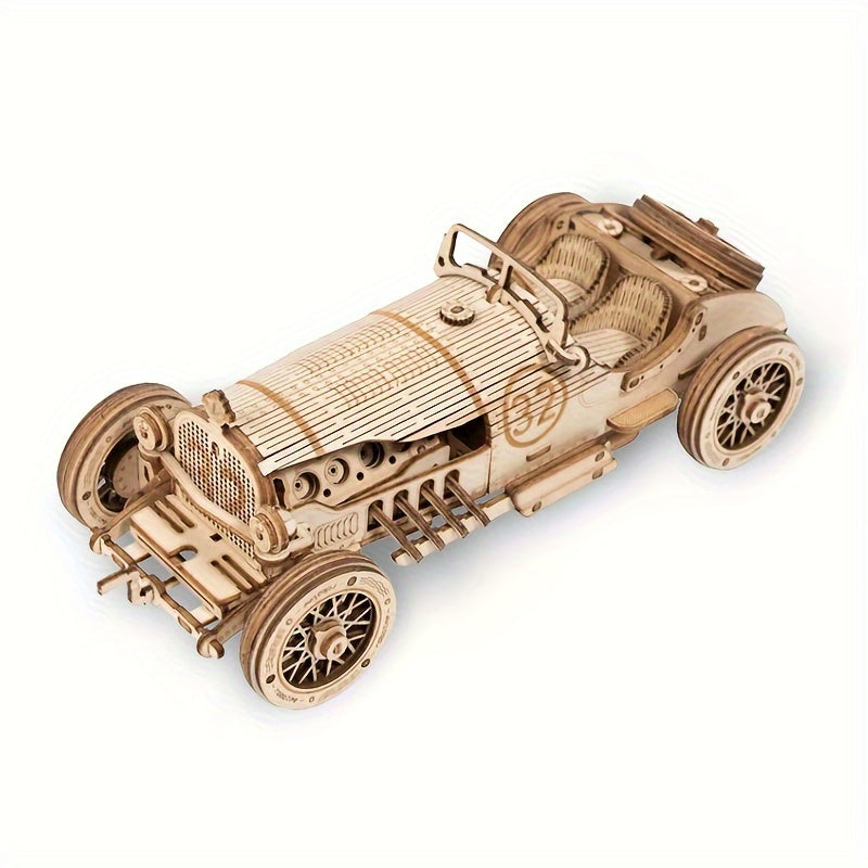 Vintage 3D Träbil Pussel – Mekanisk Modell med Växlar och Detaljerad Design