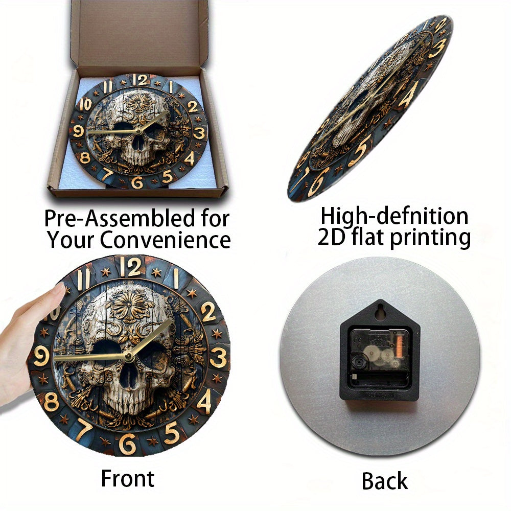 SkullTime - Stilla Aluminium Vägghängd Klocka med Dekorativt Skelettdesign (20 cm)