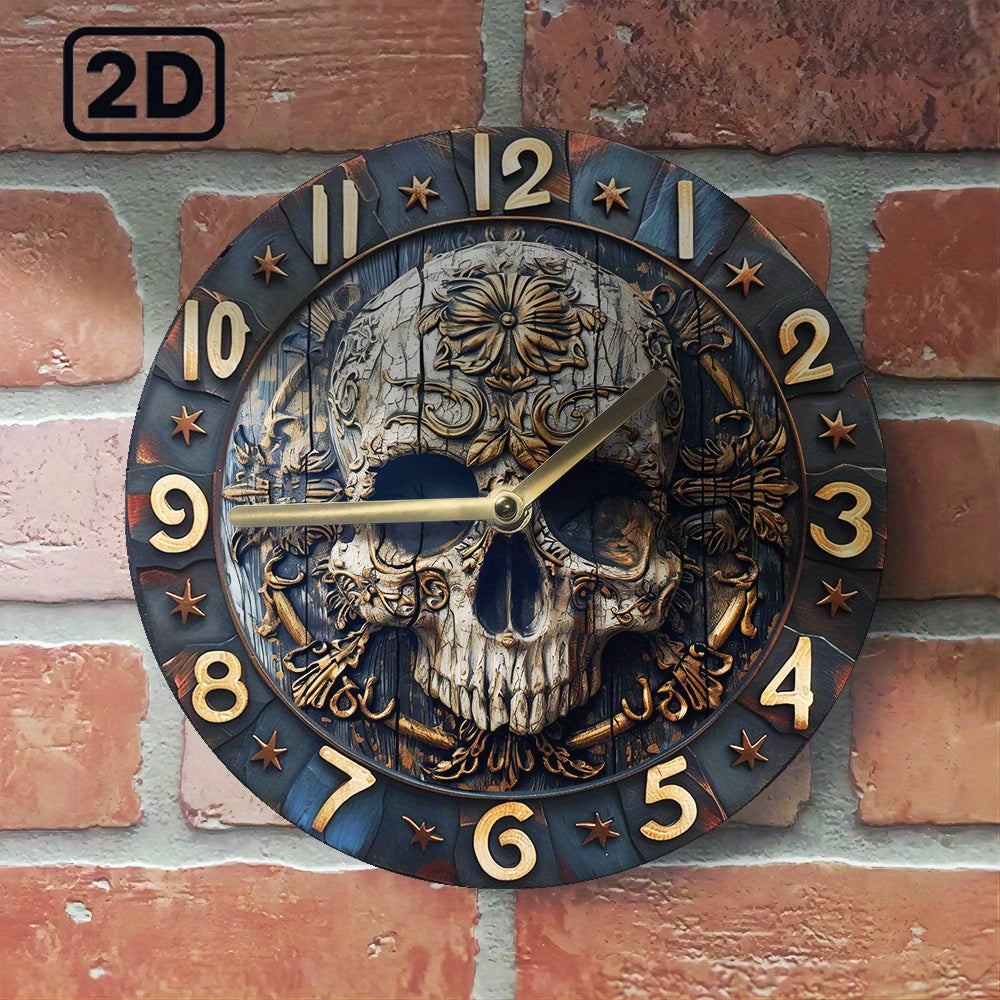 SkullTime - Stilla Aluminium Vägghängd Klocka med Dekorativt Skelettdesign (20 cm)