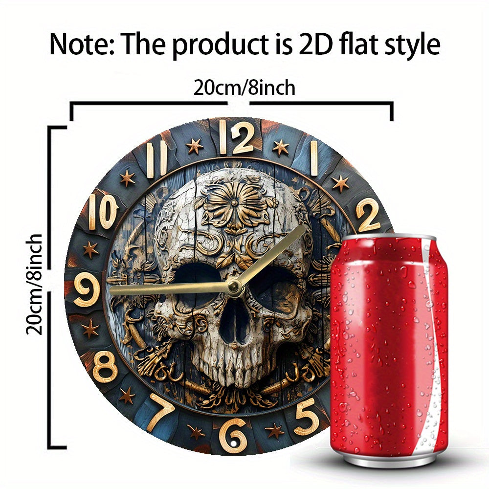 SkullTime - Stilla Aluminium Vägghängd Klocka med Dekorativt Skelettdesign (20 cm)