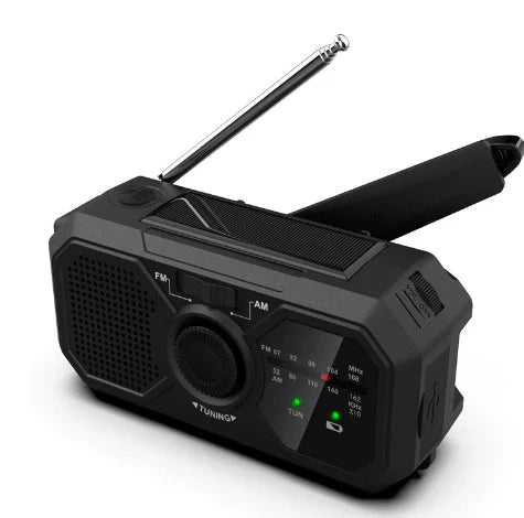 Bärbar nödradio med solpanel och handvev – FM/AM mottagning och powerbank-funktion