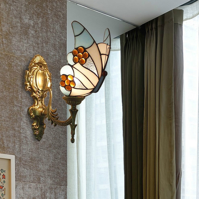 Blå Fjäril Vägglampa - Tiffany Stil Målat Glas Vägglampa för Kök