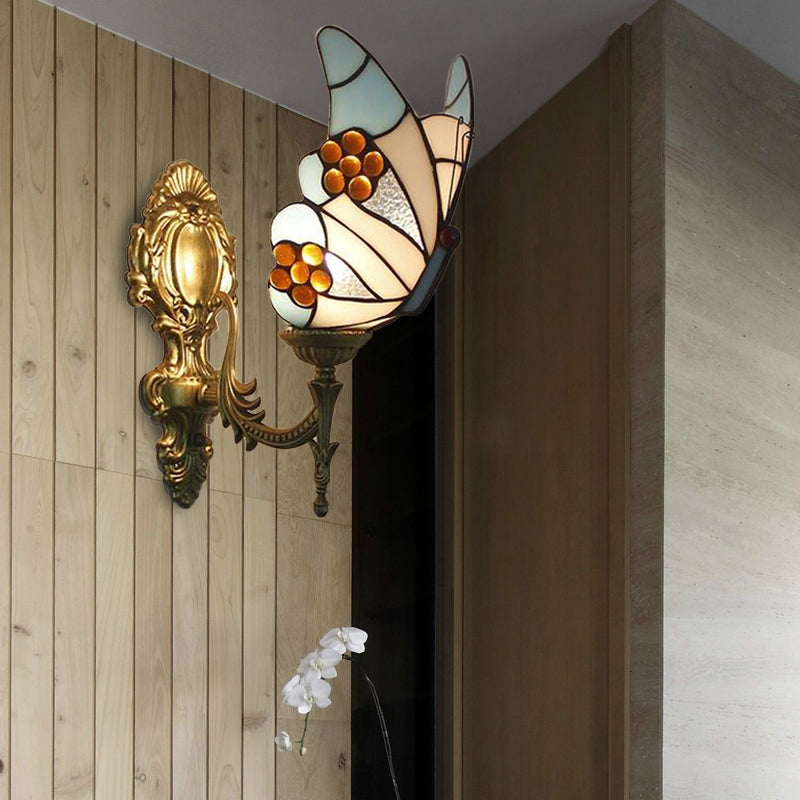 Blå Fjäril Vägglampa - Tiffany Stil Målat Glas Vägglampa för Kök