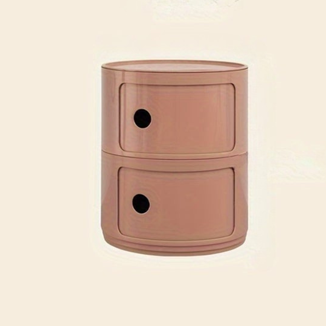 Sängbord med runda plastförvaringslådor