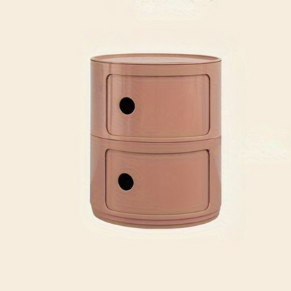 Sängbord med runda plastförvaringslådor