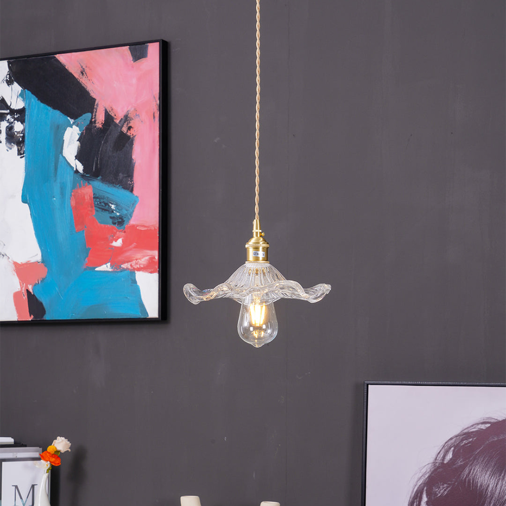 Art Nouveau Fluted Glass Pendant | Flower-Inspired Shade | H4.72in x D9.06-23.62in | Brass &amp; Glass Craftsmanship | Brick by Brick