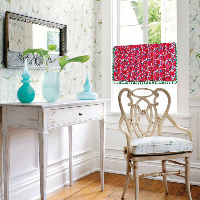 Röd blommig tryck fringed lager gardin i bomull linne