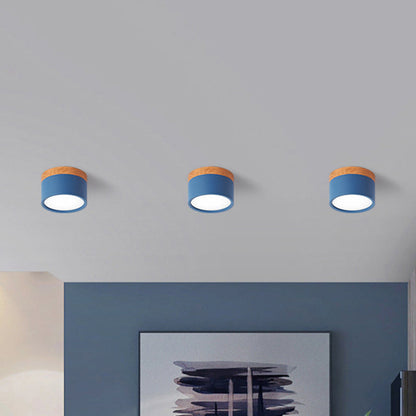 Klein Taklampa Macaron Metall Kök Bar Flush Mount Belysning i Gul/Blå/Svart och Trä