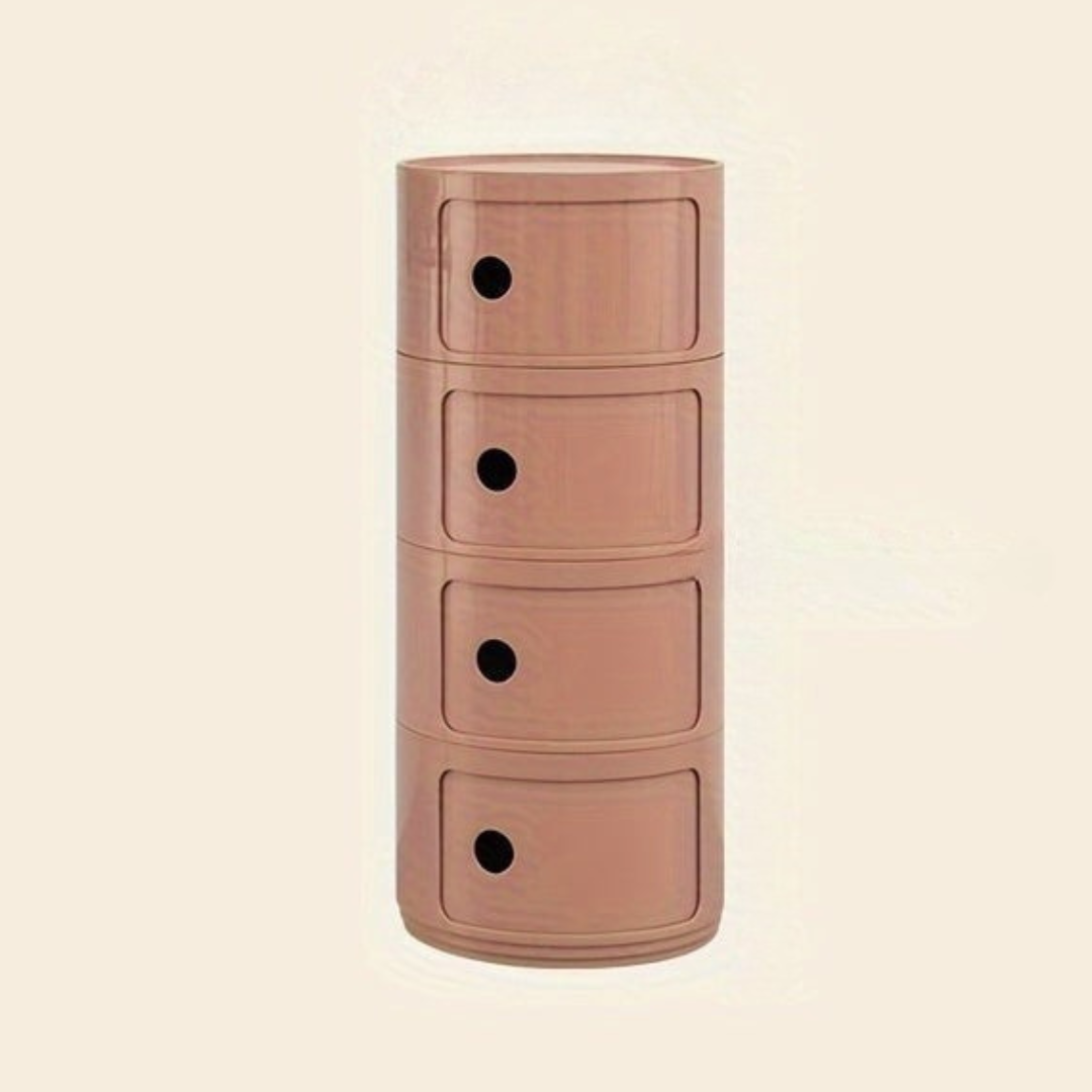 Sängbord med runda plastförvaringslådor