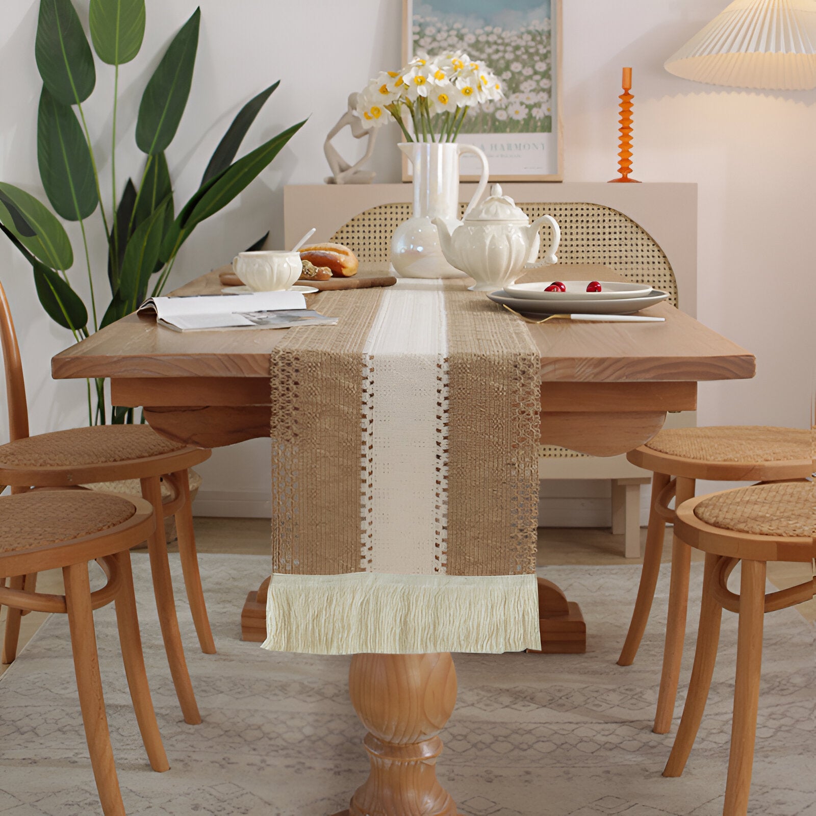 Boho Makramee Bomull Linne Bordsduk med Fransar