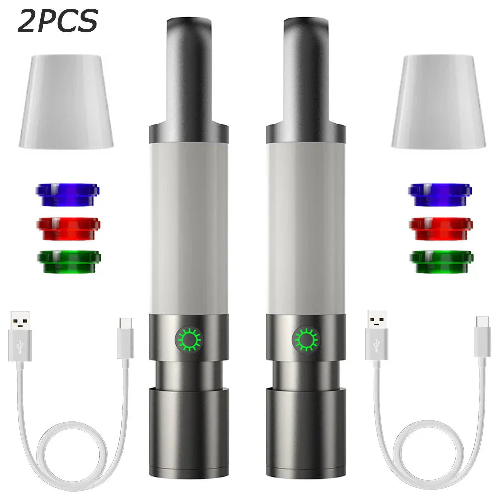 LED-ficklampa med flerfärgade filter – uppladdningsbar USB-C-lampa med camping- och nödbelysningsfunktion