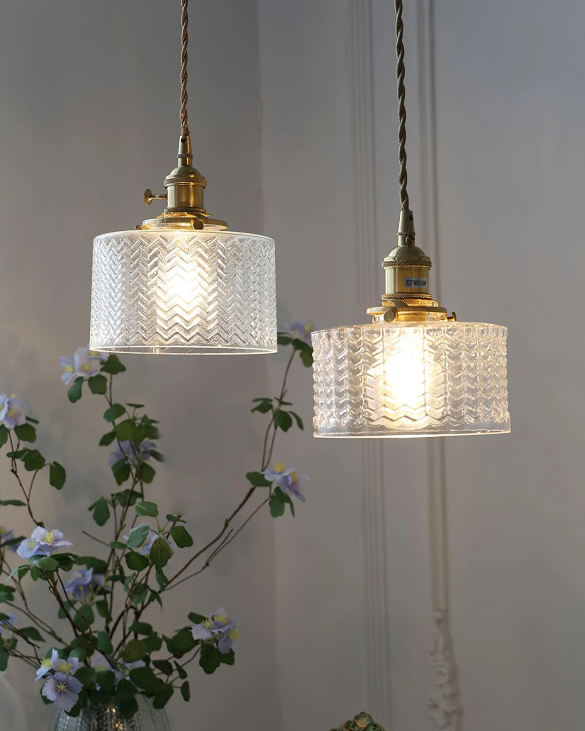 Vintage Glass Ceiling Pendant | Textured Glass & Brass | Warm 3000K Glow