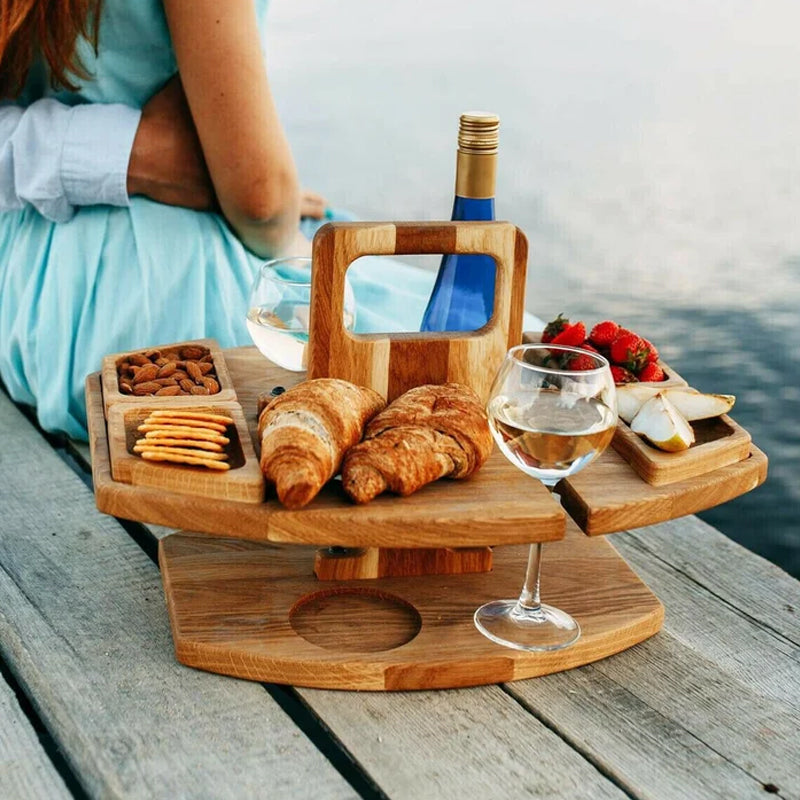 Trä Picknick Vin Bord med Snacks Brickor