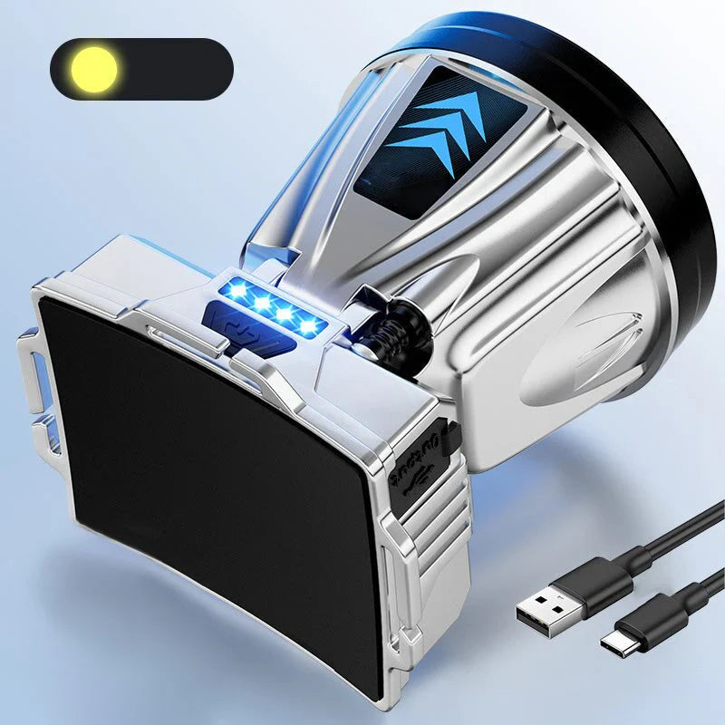 Bredstrålande LED-huvudlampa med powerbank-funktion och USB-laddningsport