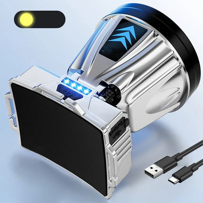 Bredstrålande LED-huvudlampa med powerbank-funktion och USB-laddningsport