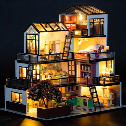 Miniatyr Villa 3D Pussel Kit – Handgjord Modell med LED-belysning och Detaljerad Interiör