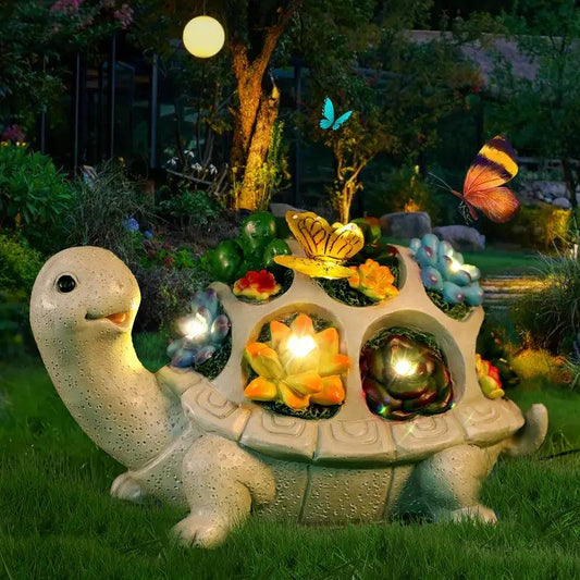 Carvallo Turtle Garden | Sol-Sköldpaddsstaty med LED & Suckulenter | För Trädgård, Terrass & Balkong