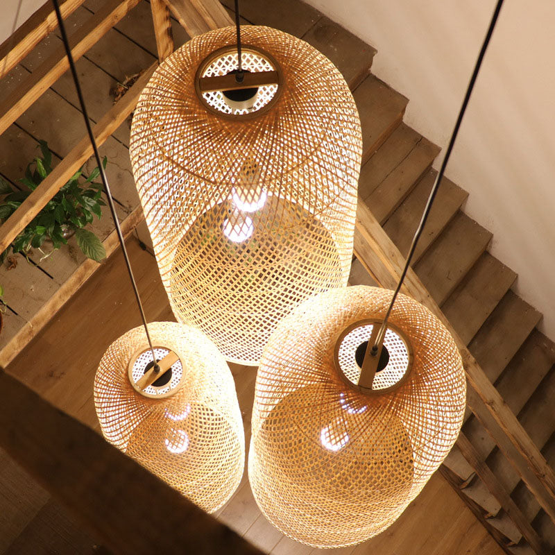 Elegant Bamboohänglampa - Asiatiskt 2-ljuskällors trä-taklampa för vardagsrum