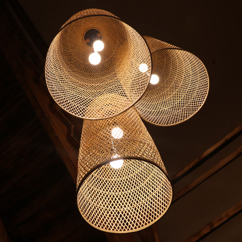 Elegant Bamboohänglampa - Asiatiskt 2-ljuskällors trä-taklampa för vardagsrum