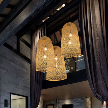 Elegant Bamboohänglampa - Asiatiskt 2-ljuskällors trä-taklampa för vardagsrum
