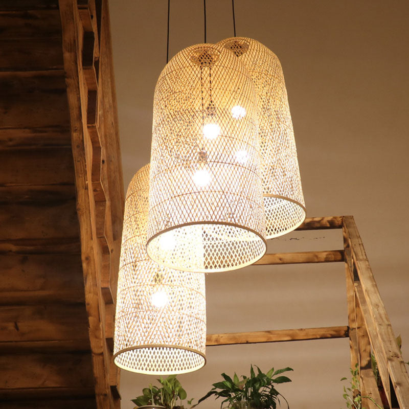 Elegant Bamboohänglampa - Asiatiskt 2-ljuskällors trä-taklampa för vardagsrum