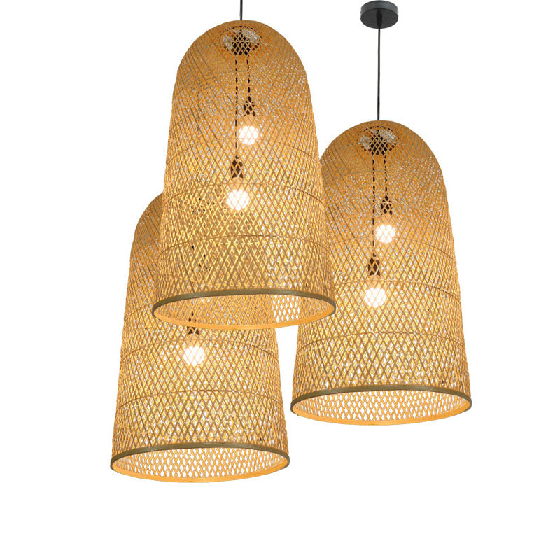Elegant Bamboohänglampa - Asiatiskt 2-ljuskällors trä-taklampa för vardagsrum