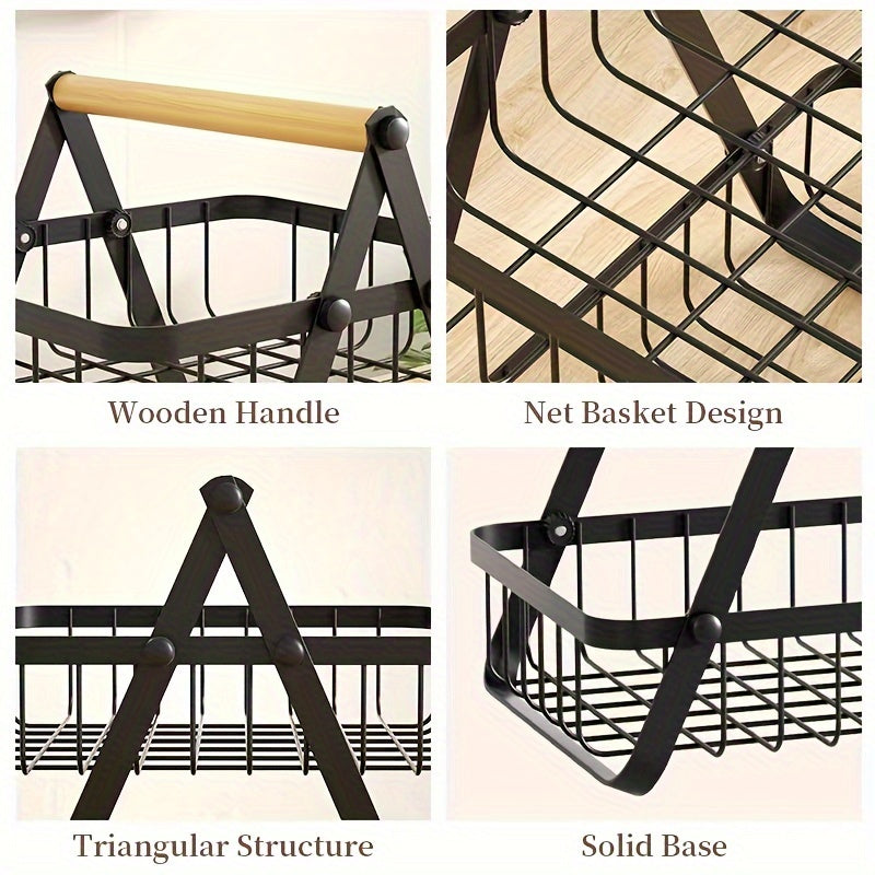 Två- och Tre-Tier Förvaringskorg med Trähandtag - Stilfull Lösning för Kök och Badrum