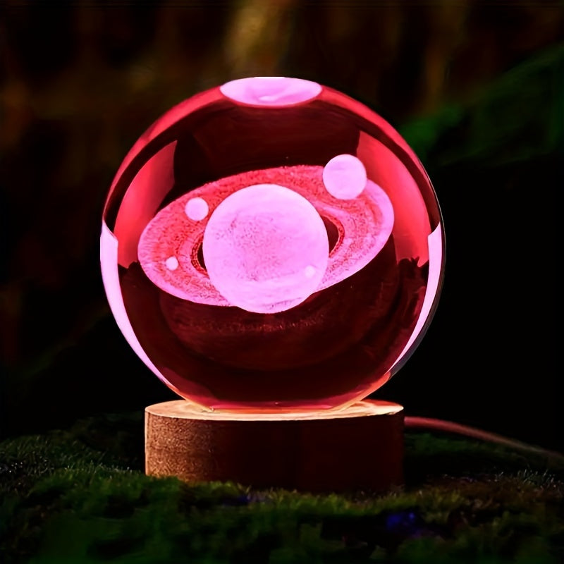 LumiSphere - 3D Kristallboll LED Nattlampa med Träbas