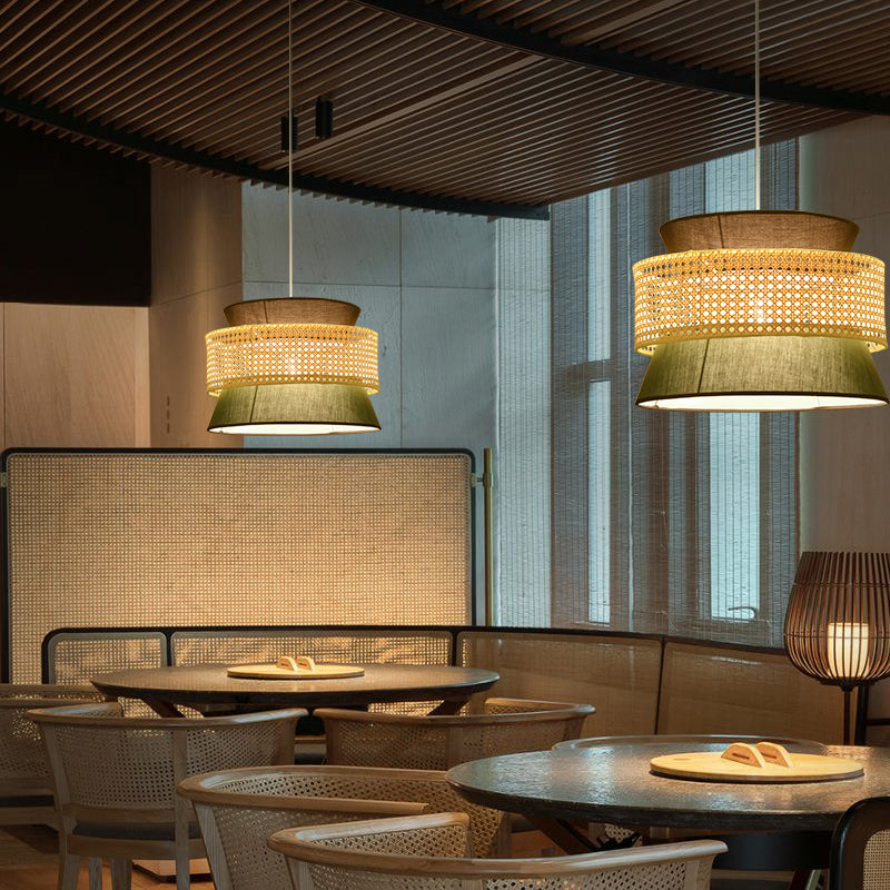 Trappstegs Rattan Hänglampa Enkel Svart / Grön Hängarmatur