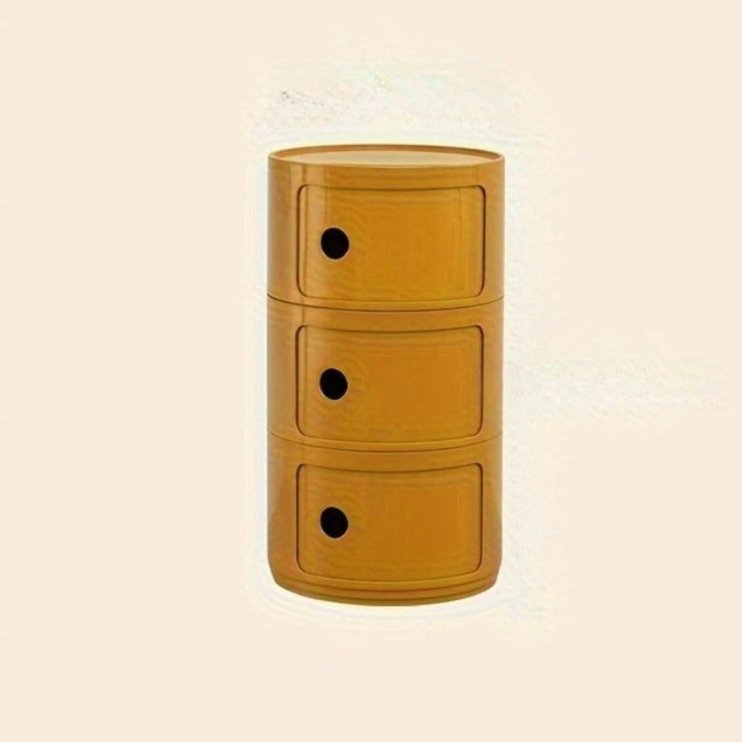 Sängbord med runda plastförvaringslådor