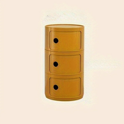 Sängbord med runda plastförvaringslådor