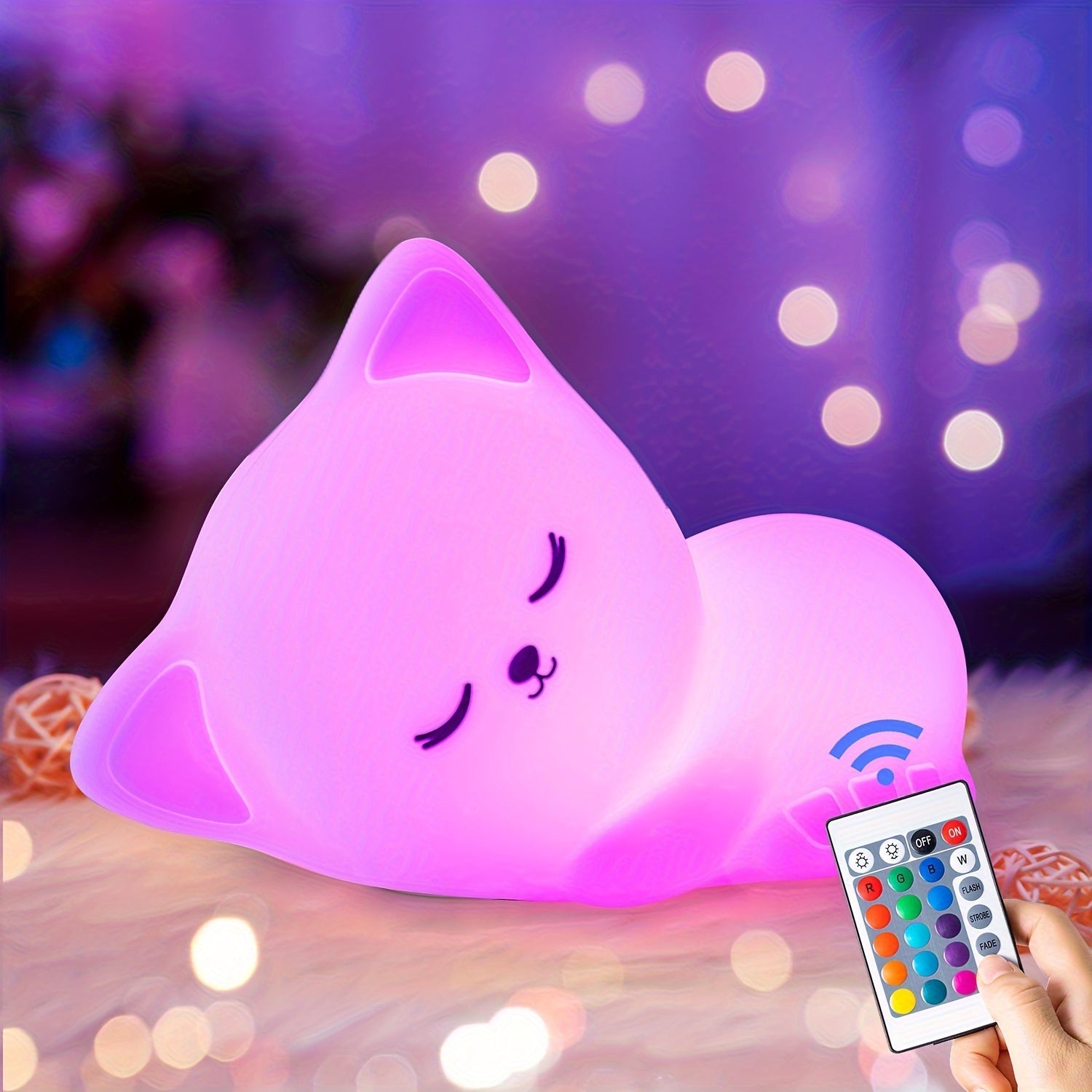 KittyGlow - Söt Kattnattlampa med Fjärrkontroll och USB Laddningsbar Silikonlampa