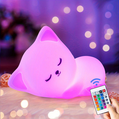 KittyGlow - Söt Kattnattlampa med Fjärrkontroll och USB Laddningsbar Silikonlampa