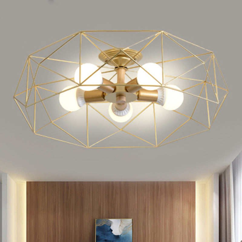 GeoLight – Geometrisk Semi-Flush Taklampa med Trådbur i Metall