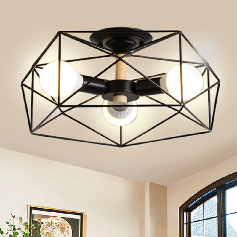 GeoLight – Geometrisk Semi-Flush Taklampa med Trådbur i Metall