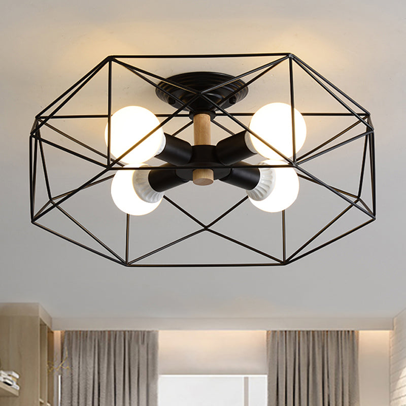 GeoLight – Geometrisk Semi-Flush Taklampa med Trådbur i Metall