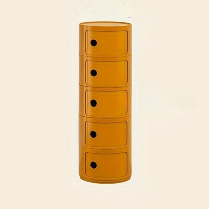 Sängbord med runda plastförvaringslådor